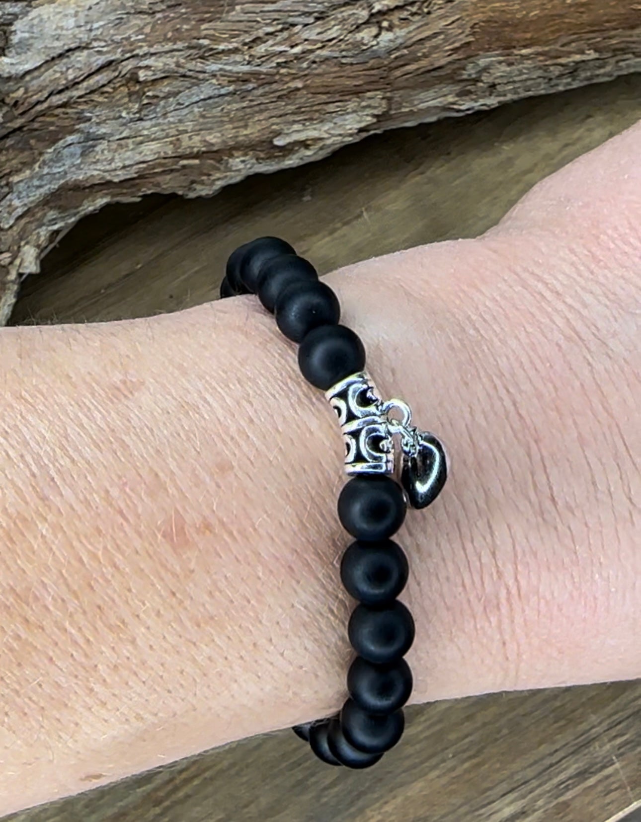 2 Couples Lovers Friendship natural gemstone bead bracelets silver heart magnet Matte Black Onyx Black Lava