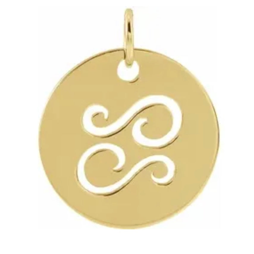 Zodiac Pendant Charm Cancer 13.8mm 14K White Yellow Rose Gold Platinum Sterling Silver June 21 to July 20 Crab