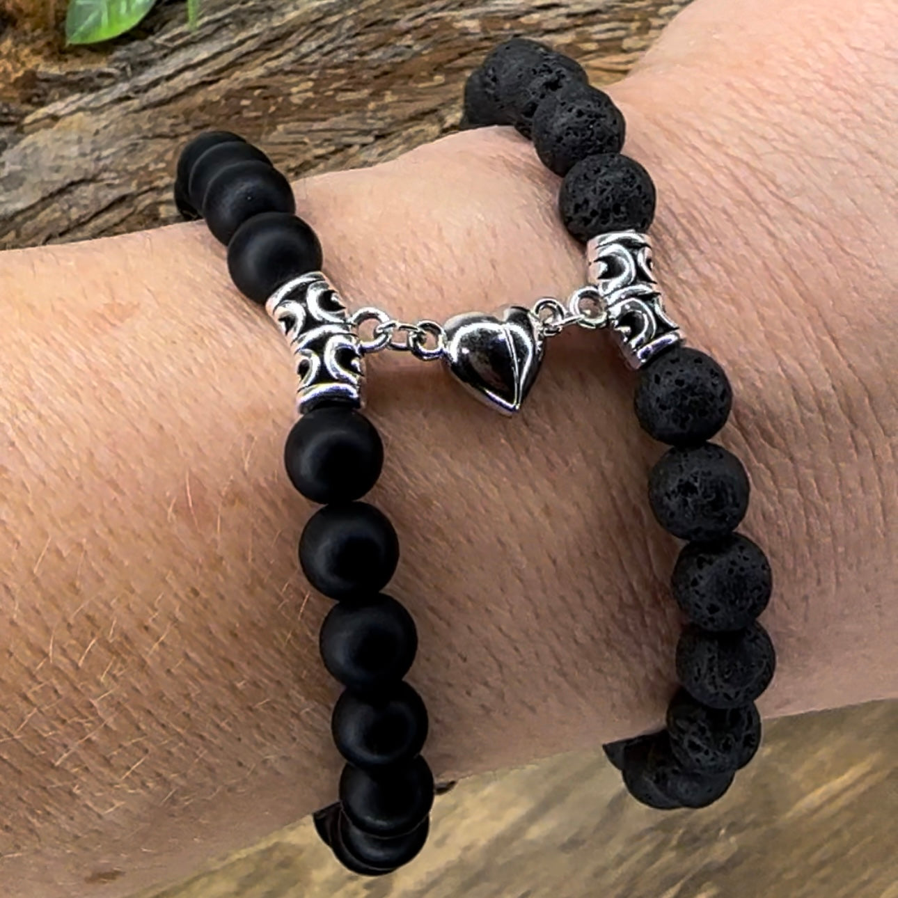 2 Couples Lovers Friendship natural gemstone bead bracelets silver heart magnet Matte Black Onyx Black Lava