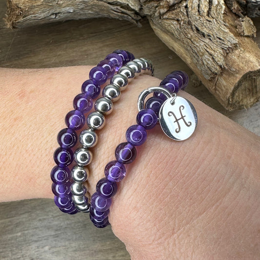 Birthstone Zodiac natural gemstone Bracelet Stack February 6mm Amethyst bead Pisces silver horoscope pendant