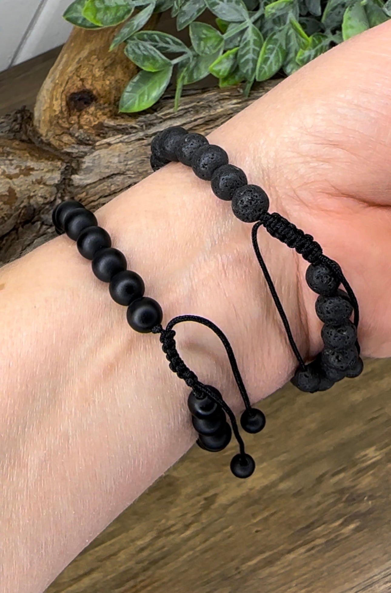 2 Couples Lovers Friendship natural gemstone bead bracelets silver heart magnet Matte Black Onyx Black Lava